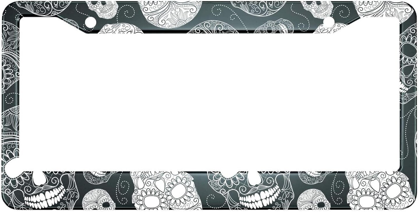 Black and White Sugar Skull License Plate Frame
