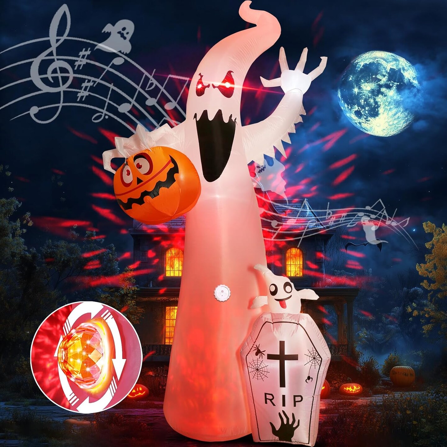 12FT Halloween Inflatable Outdoor Decoration with Projection Lights and Scary Sound, Halloween Blow Up Yard Decorations, Waterproof Inflatable Halloween Pumpkin Ghost with LED for Garden