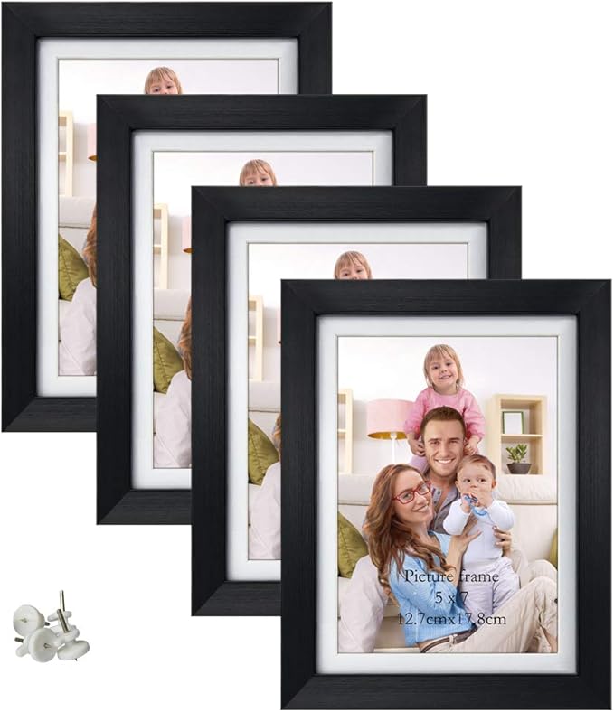 5x7 Picture Frame Set of 4, 6x8 Matted to Display 5 by 7 Photo with Mat or 6 by 8 without Mat for Wall or Tabletop, Black