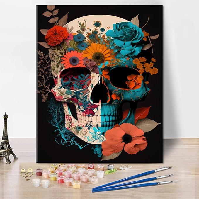 Paint by Numbers Kits for Adults Kids Skulls with Floral Ornament Oil Painting Day of The Dead DIY Paint by Number for Home Family Wall Decor 16 x20 in (Without Frame)