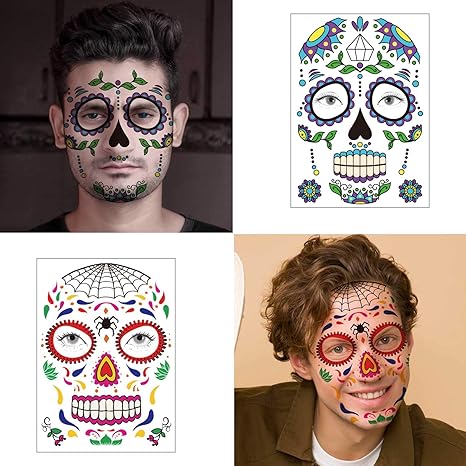 Day of the Dead Sugar Skull Tattoos Halloween Temporary Face Tattoos Sugar Skull Puppy Black Skeleton Web Red Roses Tattoo for kids Boys Girls Mexican Halloween Party Favor Supplies