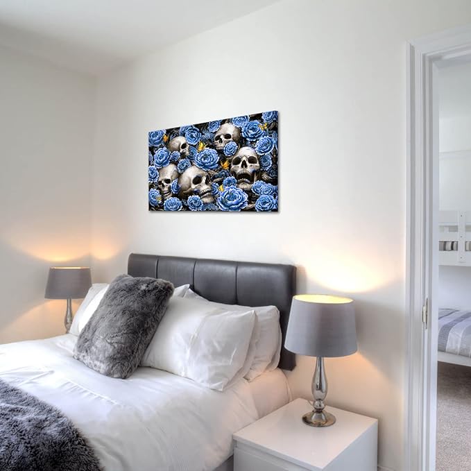 Black and White Skull Wall Art Skull Head Skeleton Painting Vintage Sugar Skull Artwork Wall Decoration for Home Living Room Bedroom the Day of Dead