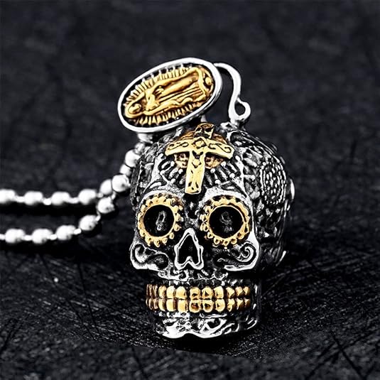 Stainless Steel Sugar Skull Pendant Necklace Gothic Skeleton Pendants for Men with 24inch Chain