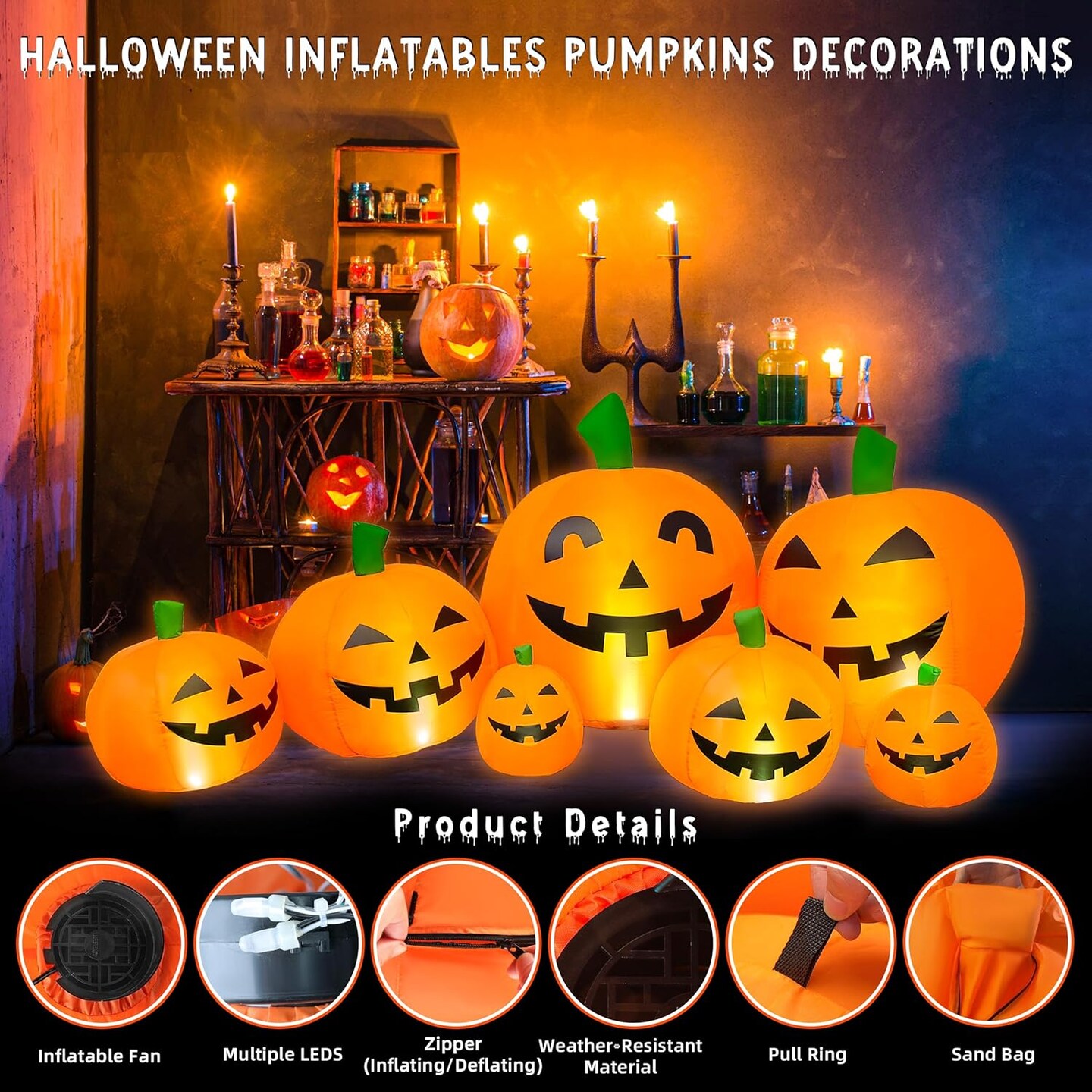Outdoor Halloween Decorations 7.5 Ft Halloween Inflatables Pumpkins with Built-in LED Lights