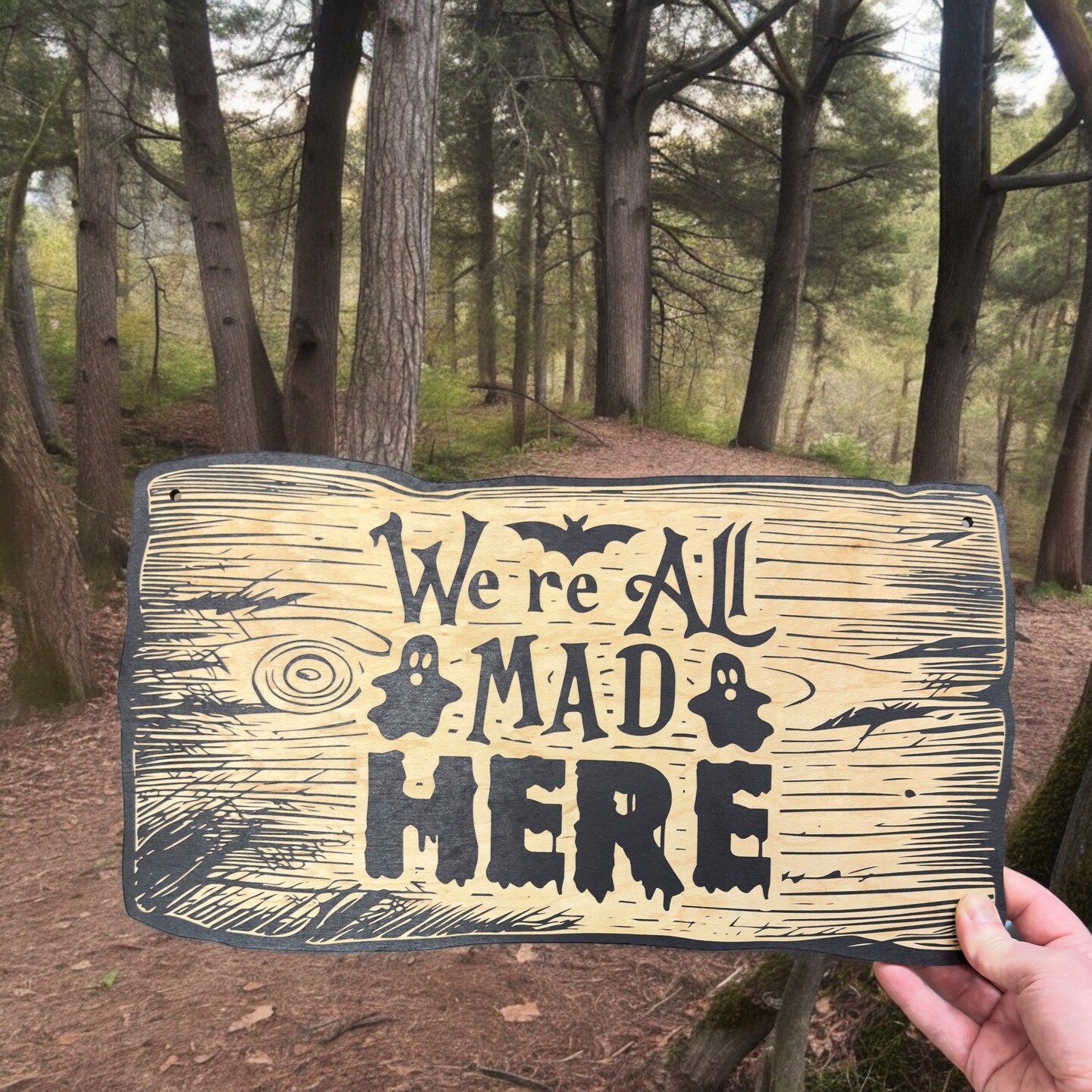 Sign - BLACK - CUSTOM We&#x27;re All Mad Here - Halloween Sign