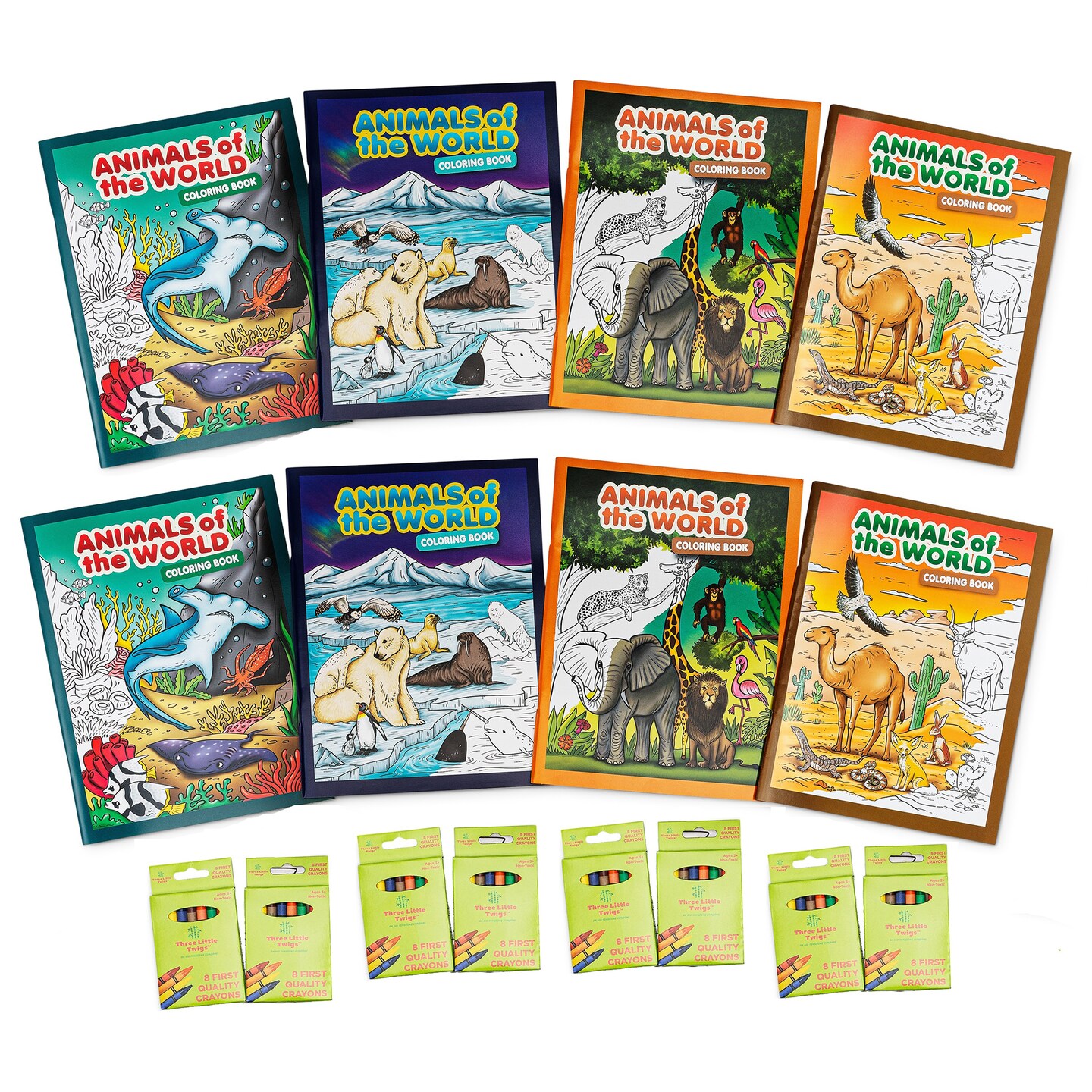Three Little Twigs: Animals of the World Coloring Books Bundle W/ Crayons, 16 Pieces