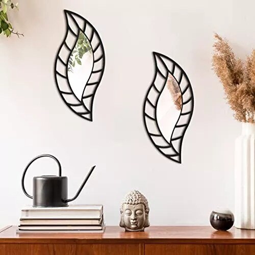 2 Pcs Mirror Wall Decor Art Leaf Mounted Mirror Decorative Teardrop Mirror Wall