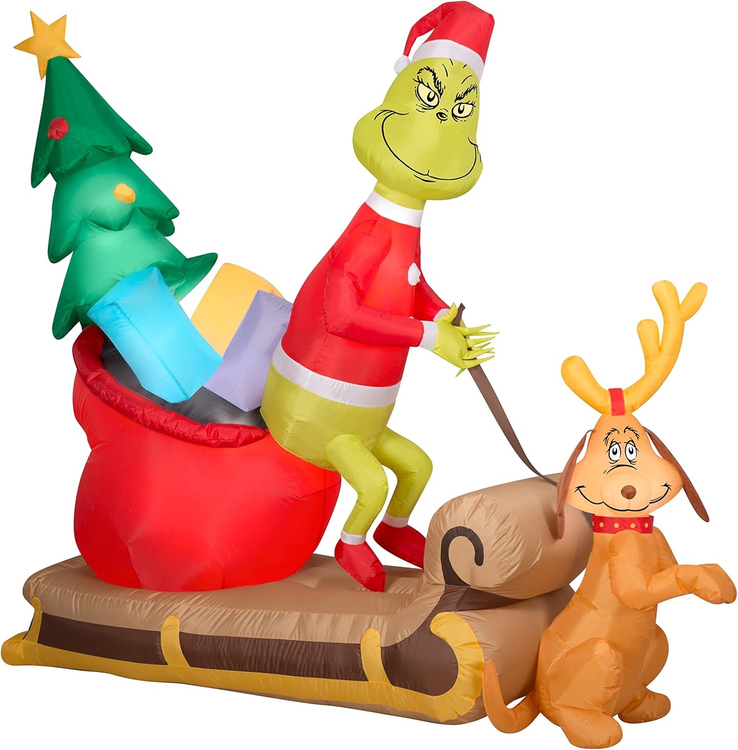 6&#x27; Gemmy Airblown Inflatable Christmas Grinch w/ Max Sleigh Scene Yard Decoration 882554