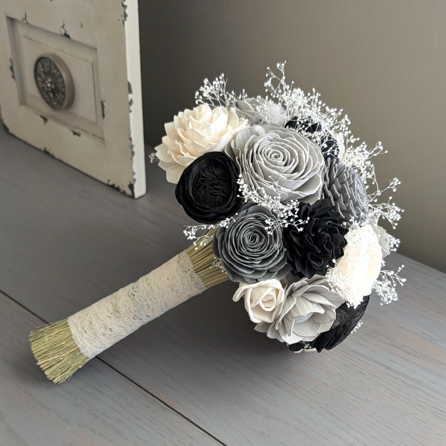 Black, Charcoal, Light Gray, and Ivory Sola Wood Flower Bouquet