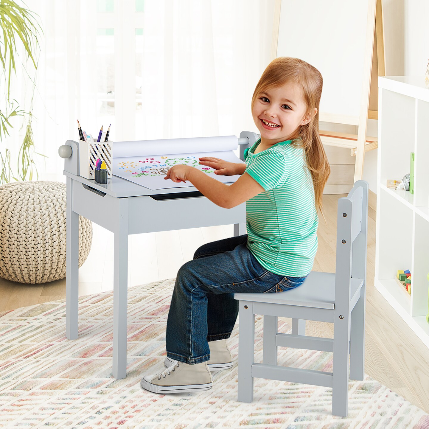 Costway Toddler Craft Table &#x26; Chair Set Kids Art Crafts Table withPaper Roll Holder Grey/White
