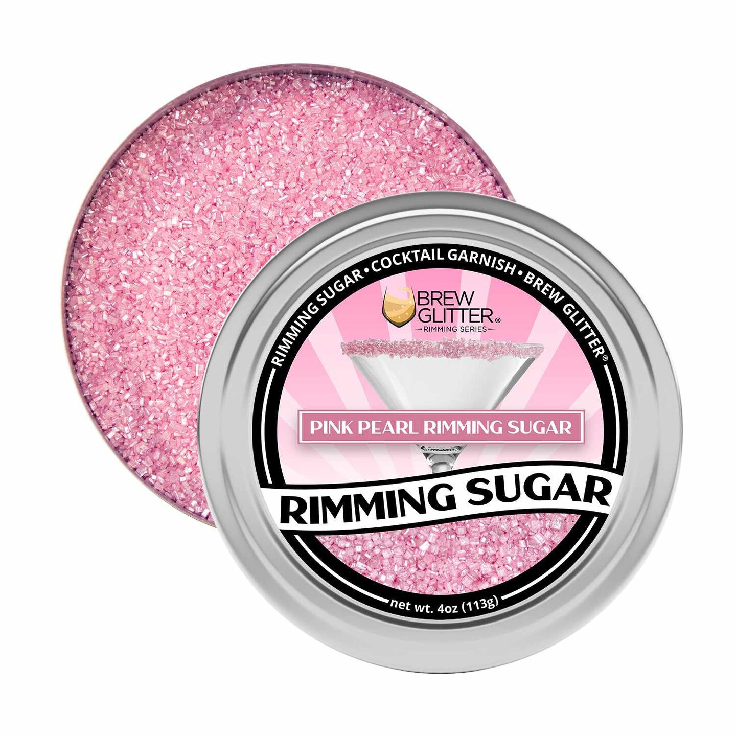 Brew Glitter - Pink Pearl Rimming Sugar (4oz, 1x Bar Tin) Cocktail Garnish for Mixed Drinks &#x26; Refreshments
