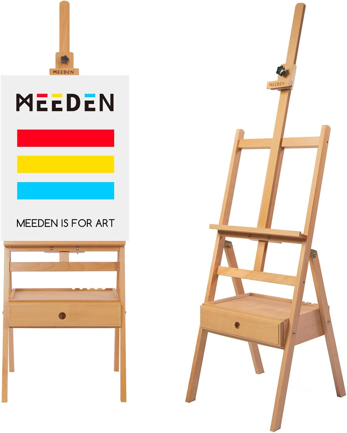 MEEDEN Painting Easel with Storage Drawer, Studio H-Frame Easel- Adjustable (60&#x22;~75&#x22;) Solid Beech Wood Easel Stand for Painting for Adults, Holds Canvas Art up to 35&#x22;,Natural