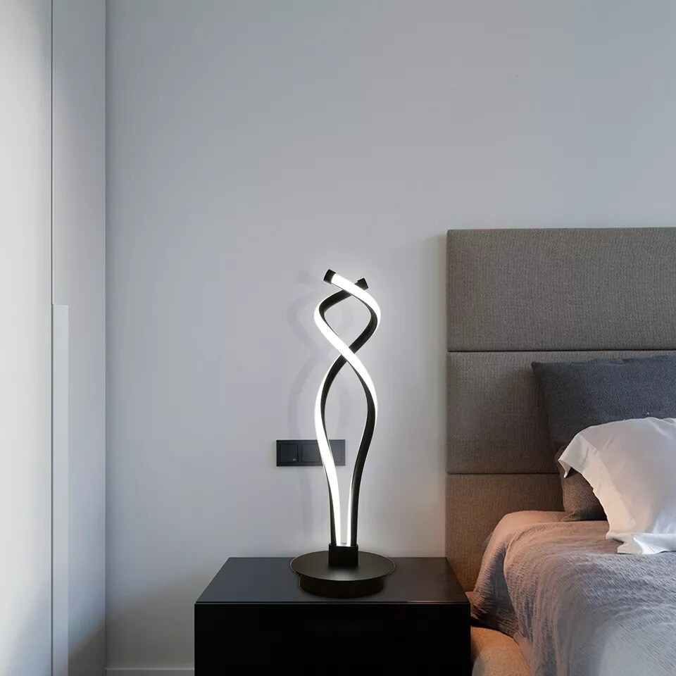 Modern LED Spiral Table Lamp Bedside Desk Decor For Bedroom Curved Light Black