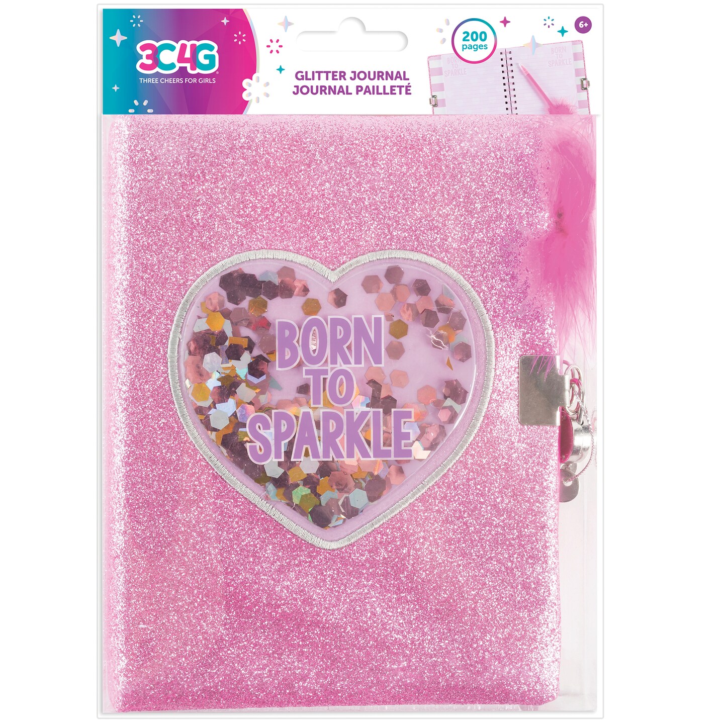 3C4G: Born To Sparkle Glitter Locking Journal - Pink W/ Matching Pom Pen, Tweens &#x26; Girls, Make It Real, 200 Page Lined Journal, Take Notes In Class, Sketch &#x26; Doodle, Three Cheers For Girls, Diary for Ages 6+