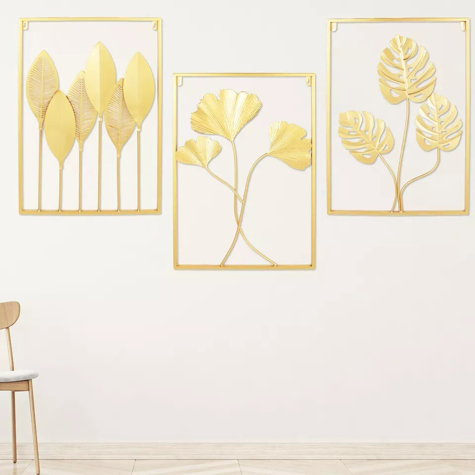 3 PCS 24" Metal Wall Art Hanging Sculpture Gold Leaf Home Garden Decor