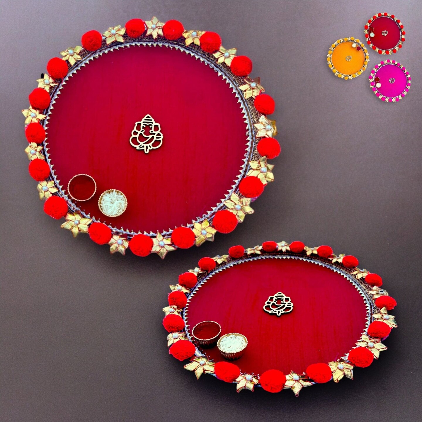 Steel Pompom Ganesha Decorated Pooja Thali Handmade Aarti Rituals Platter Festival Haldi Kumkum Thali Puja Teej Diwali Wedding Engagement Plate Decorations - Housewarming Gift