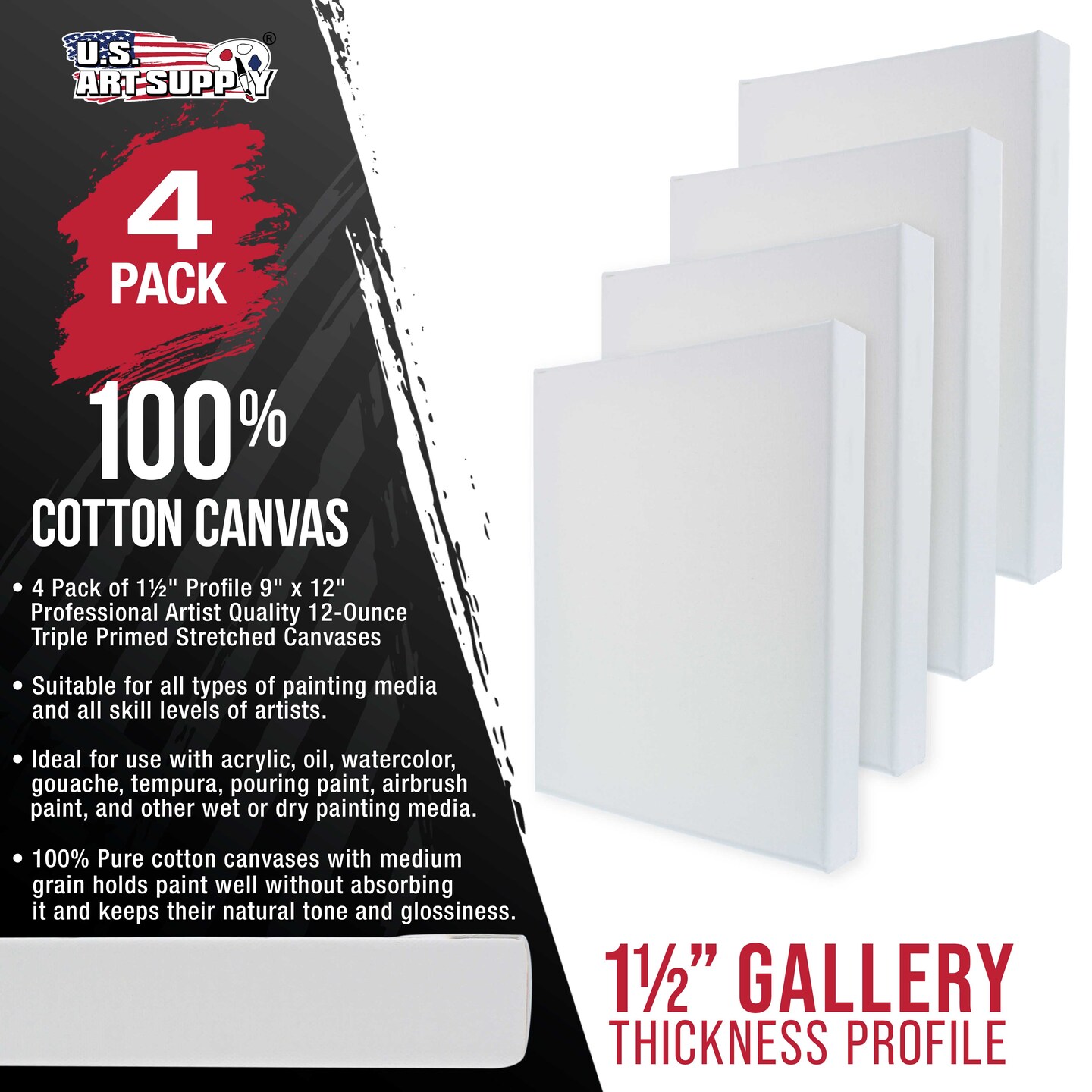 9 x 12 inch Gallery Depth 1-1/2&#x22; Profile Stretched Canvas, 4-Pack - 12-Ounce Acrylic Gesso Triple Primed, - Professional Artist Quality, 100% Cotton