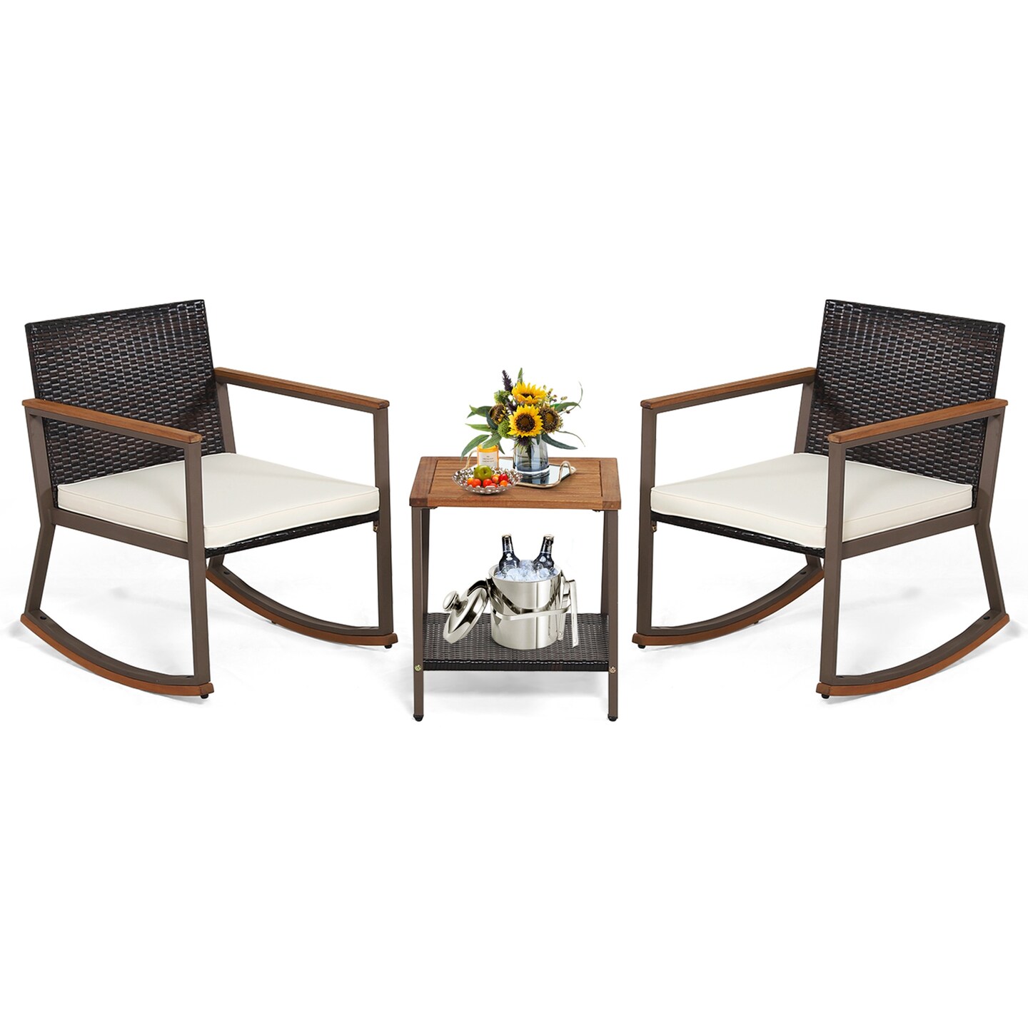 Costway 3 PCS Patio Rattan Rocking Chair Bistro Set Armrest Cushion Table with Storage Shelf Navy/Grey/Off White