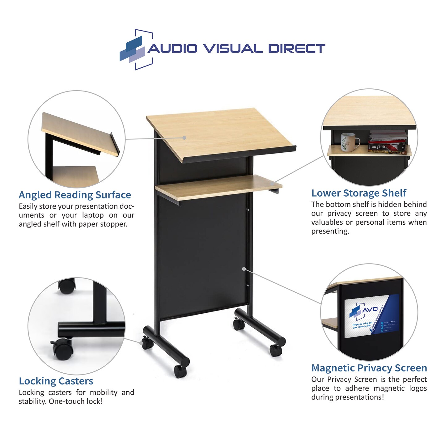Audio-Visual Direct Wheeled Lectern Podium - Standing Desk with Storage Shelf