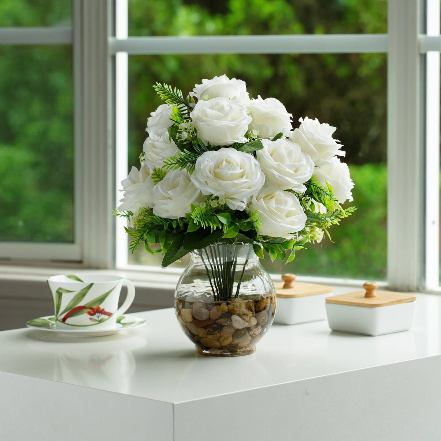 18 Heads Silk Rose Artificial Flowers in Vase,Faux Rose Flowers Arrangement in Round Bowl Vase with Faux Water and River Rock for Table Deco - image11