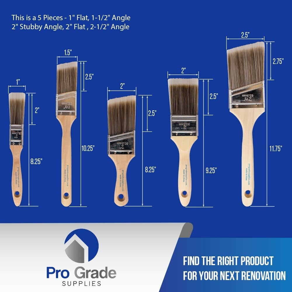 Paint Brush Set - 5-Piece Flat and Angle Brushes for All Latex and Oil Paints &#x26; Stains - Home Improvement - Interior &#x26; Exterior Use