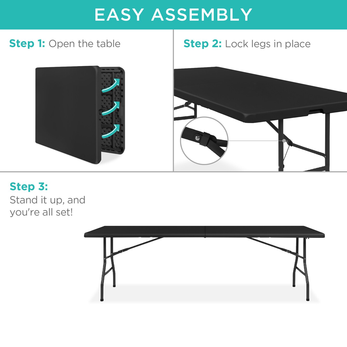Best Choice Products 8ft Plastic Folding Table, Indoor Outdoor Heavy Duty Portable w/ Handle, Lock for Picnic