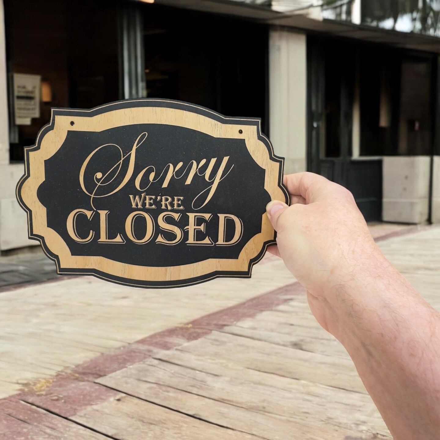 Sorry We&#x27;re Closed - Black Door Sign 7x9.5in
