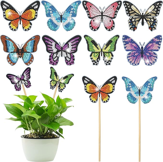 8 pieces of butterfly diamond painting kits, diamond art kits for garden decor, butterfly stakes diamond art kits for adults, adult crafts.