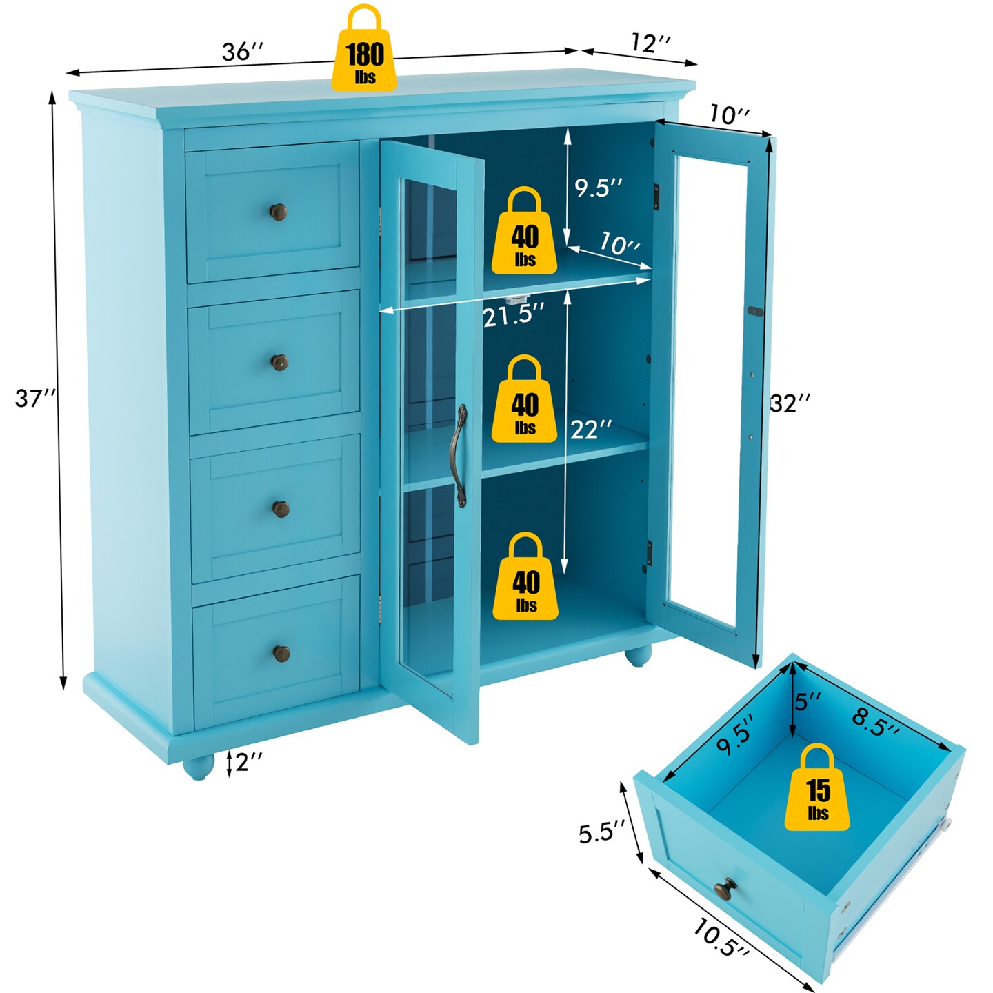 Costway Buffet Sideboard Table Kitchen Storage Cabinet with Drawers &#x26; Doors Blue/White/Green