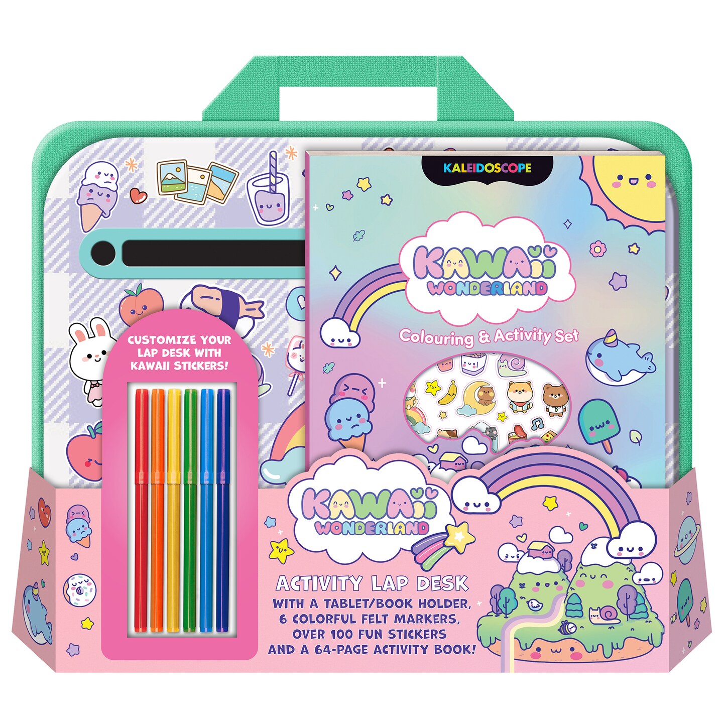 Kaleidoscope: Kawaii Wonderland Coloring &#x26; Activity Set - Carrier Functions As A Lap Desk, Kawaii Themed Book &#x26; Case,  100+ Stickers, Kids Ages 3+