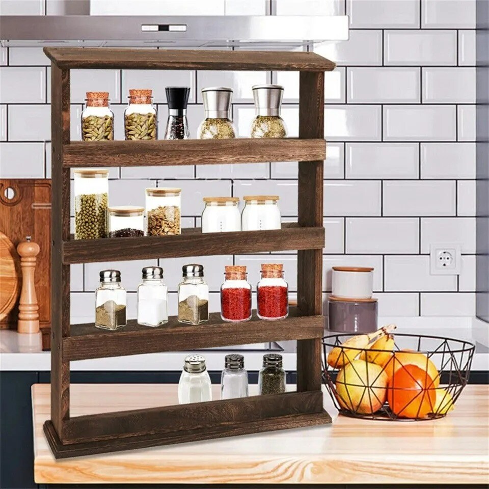 Wall Hanging Wood Spice Holder 4 Tier Vertical Kitchen Rack Spice Storage Shelf