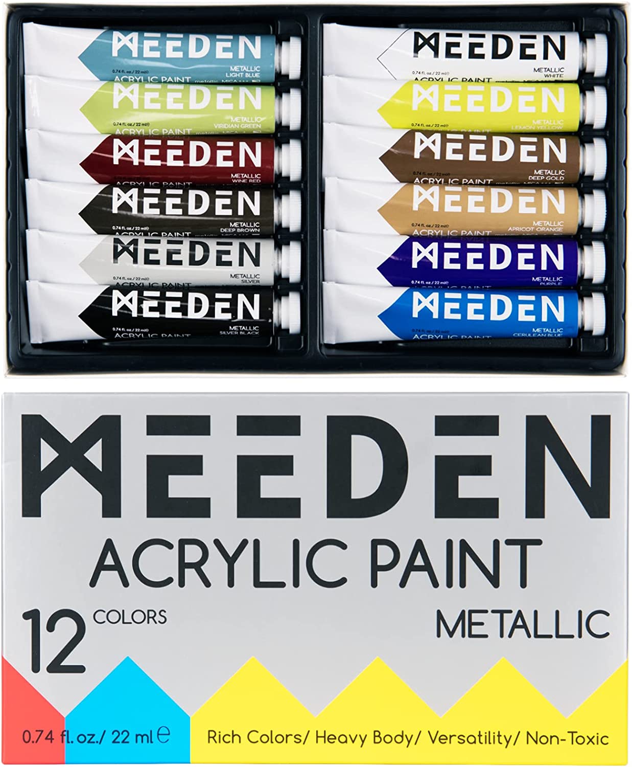 MEEDEN Metallic Acrylic Paint, Set of 12 Vibrant Colors Acrylic Tubes 0.74oz/22ml, Heavy Body Non Toxic Art Craft Paints for Artists, Kids & Beginners, Art Supplies for Canvas Wood Rocks Painting