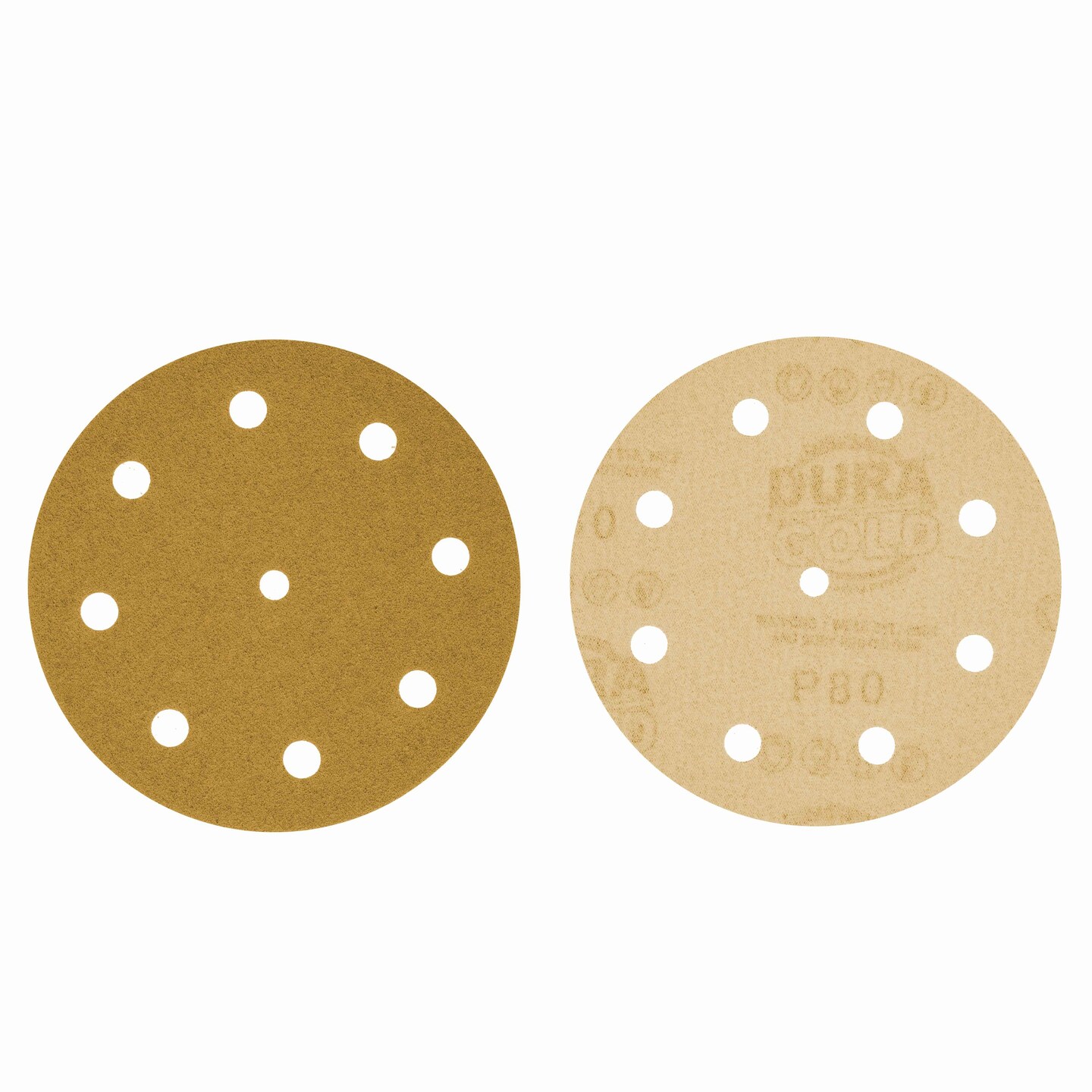 80 Grit - 5&#x22; Gold DA Sanding Discs - 9-Hole Pattern Hook and Loop - Box of 50