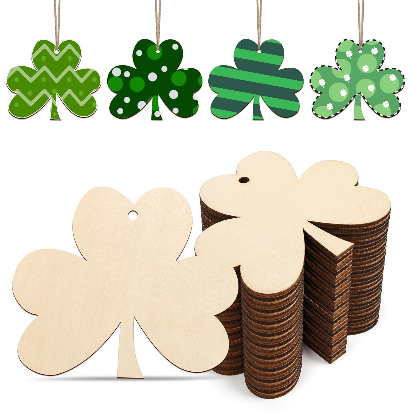 Wooden Shamrock Ornaments to Paint St. Patrick's Day Decoration Cutouts Unfinished 24PCS 3.5 x 3 inches, DIY Blank Unfinished Wood Discs Ornament for Home Farmhouse Crafts Hanging Spring Decorations
