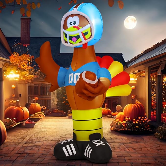 GOOSH 6 FT Thanksgiving lnflatable Turkey Blow Up Yarda Turkey with a Rugby with Built-in LEDs