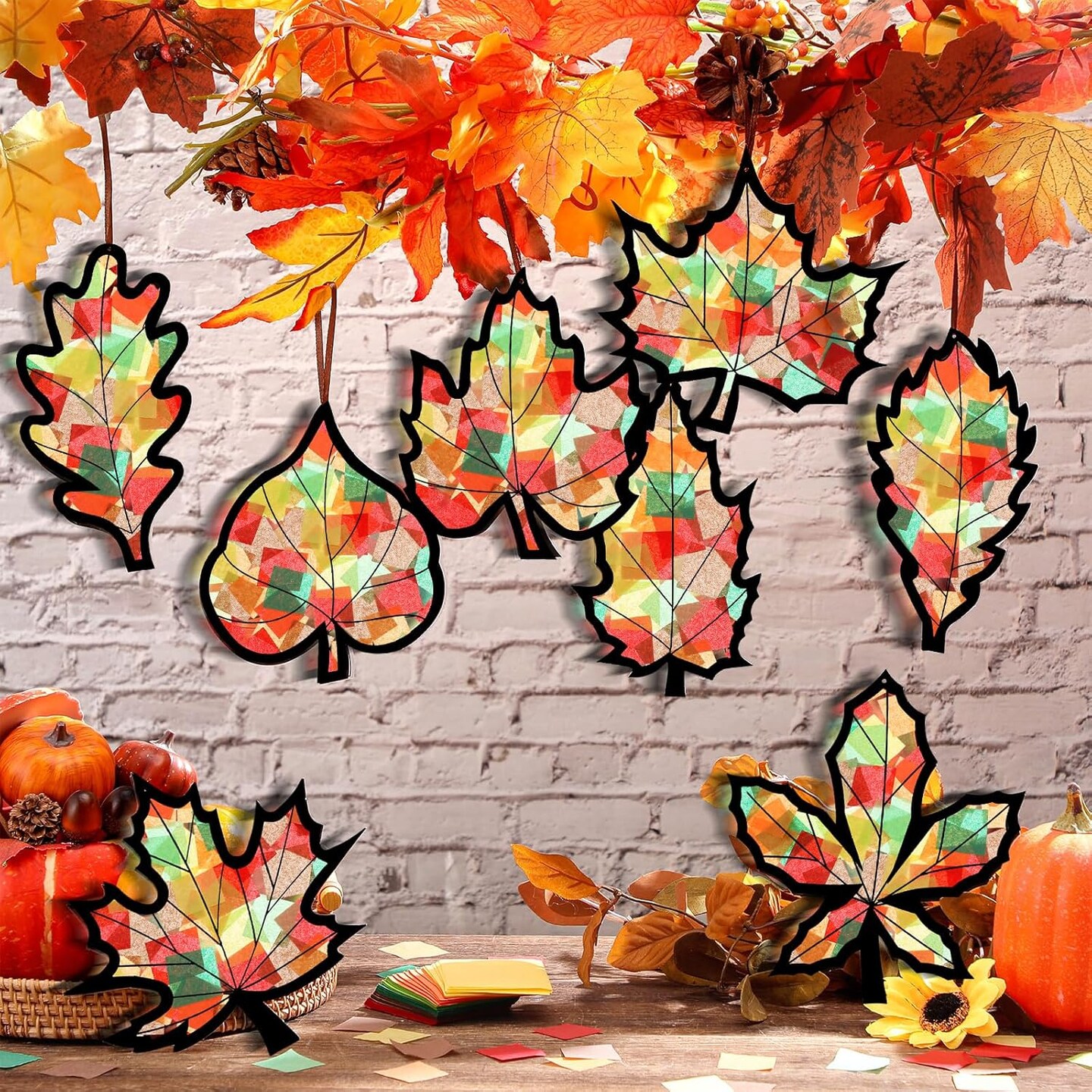 32 Pcs Fall Suncatchers Paper Craft Set DIY Maple Leaf Shaped