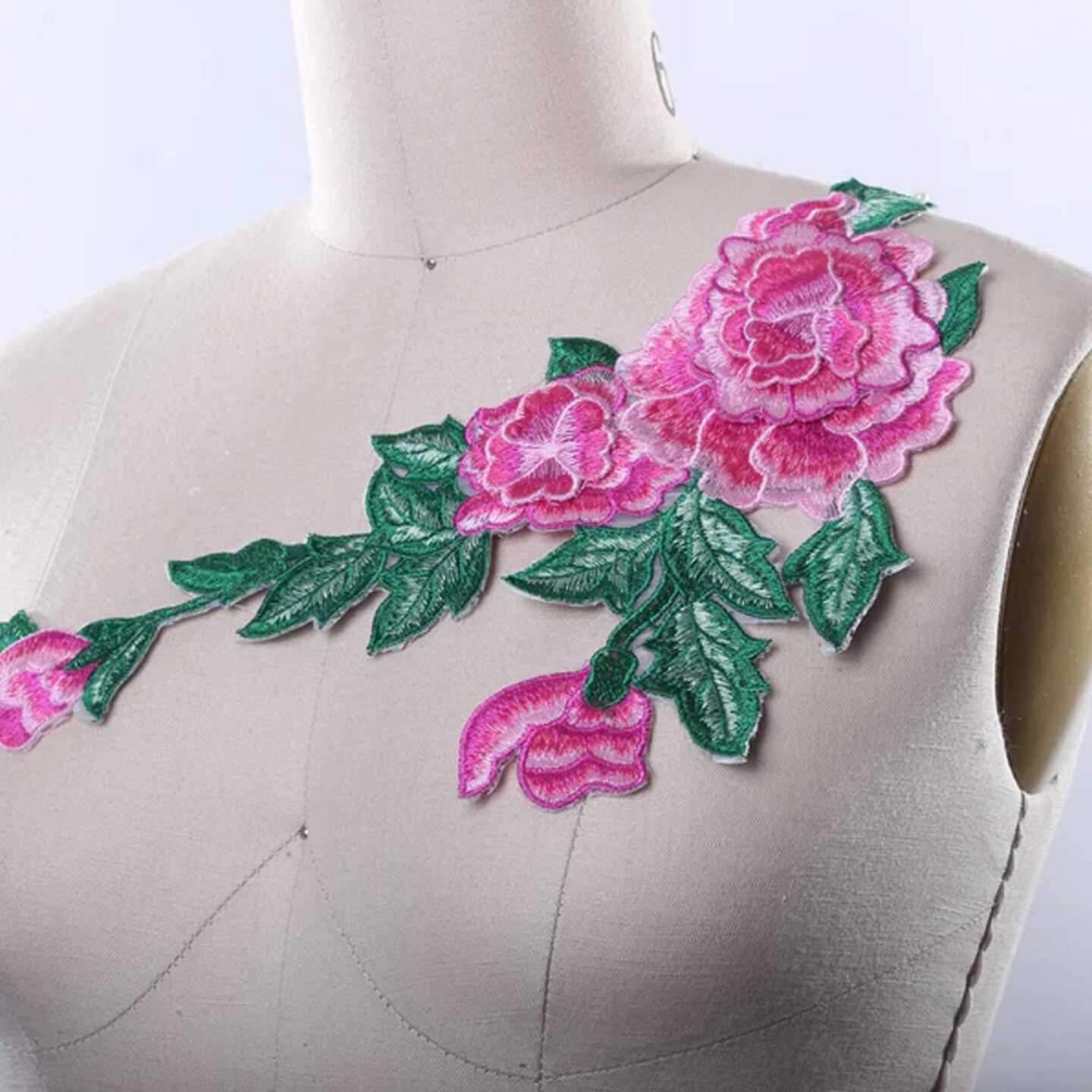 Pink and Green Embroidered 3D Flower Patch Iron On for Dresses and Costumes
