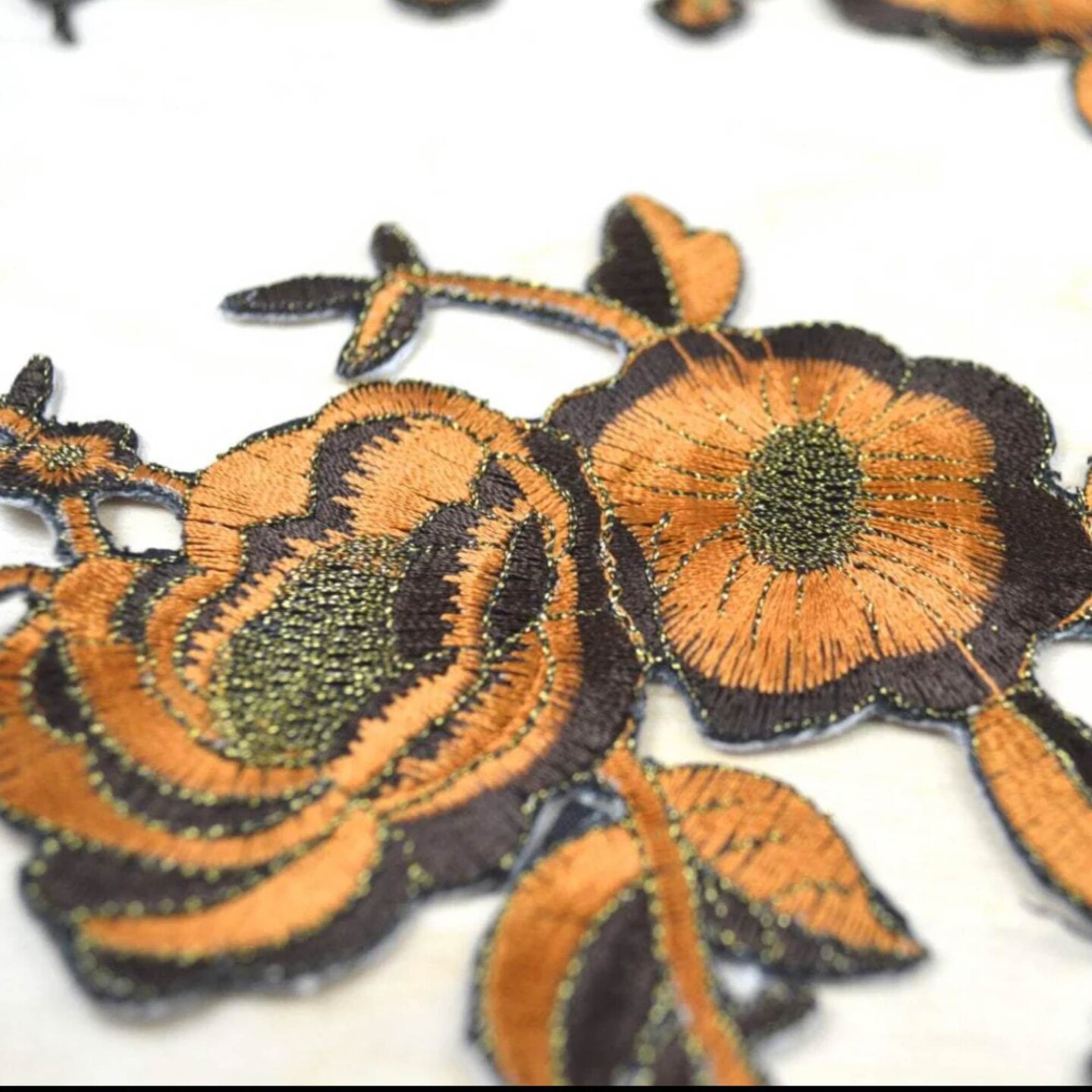 2 Pieces Brown and Rust Flower Appliques with Antique Gold Embroidery Iron On Patches