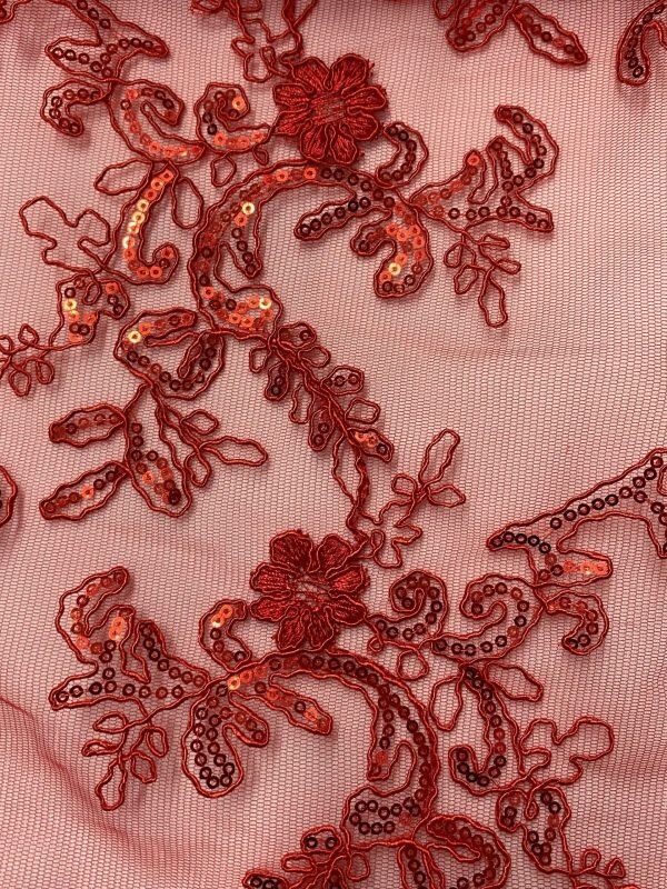 1 Yard Red Sequin Lace Fabric Corded Embroidered Mesh with Double Scallop Edge 54" Wide