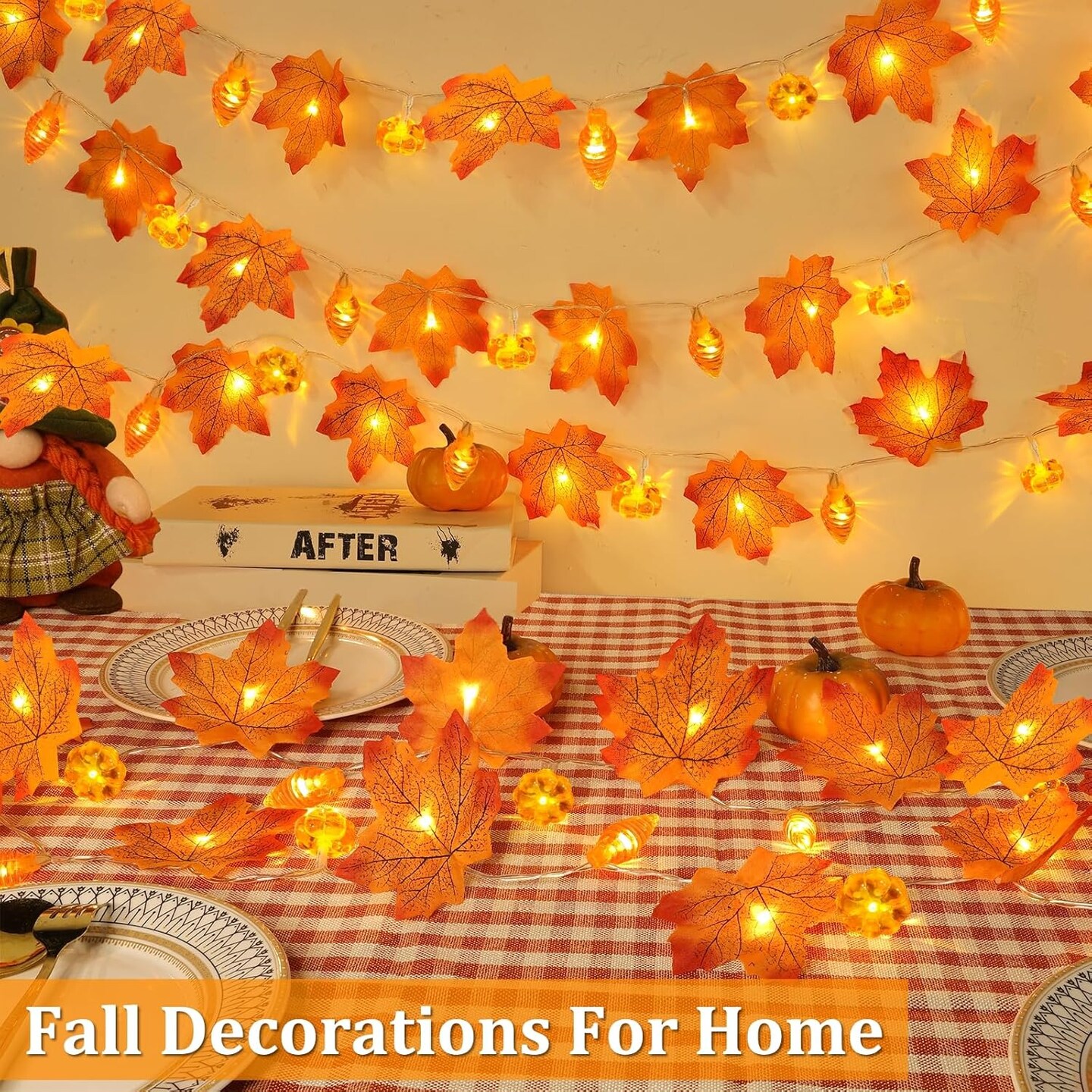 2-Pack 13FT Fall Garland with Pinecone & Pumpkin LED Lights – 60 LED Enlarged Maple Leaves, Battery-Operated Thanksgiving & Christmas Decorations with Timer (Orange)