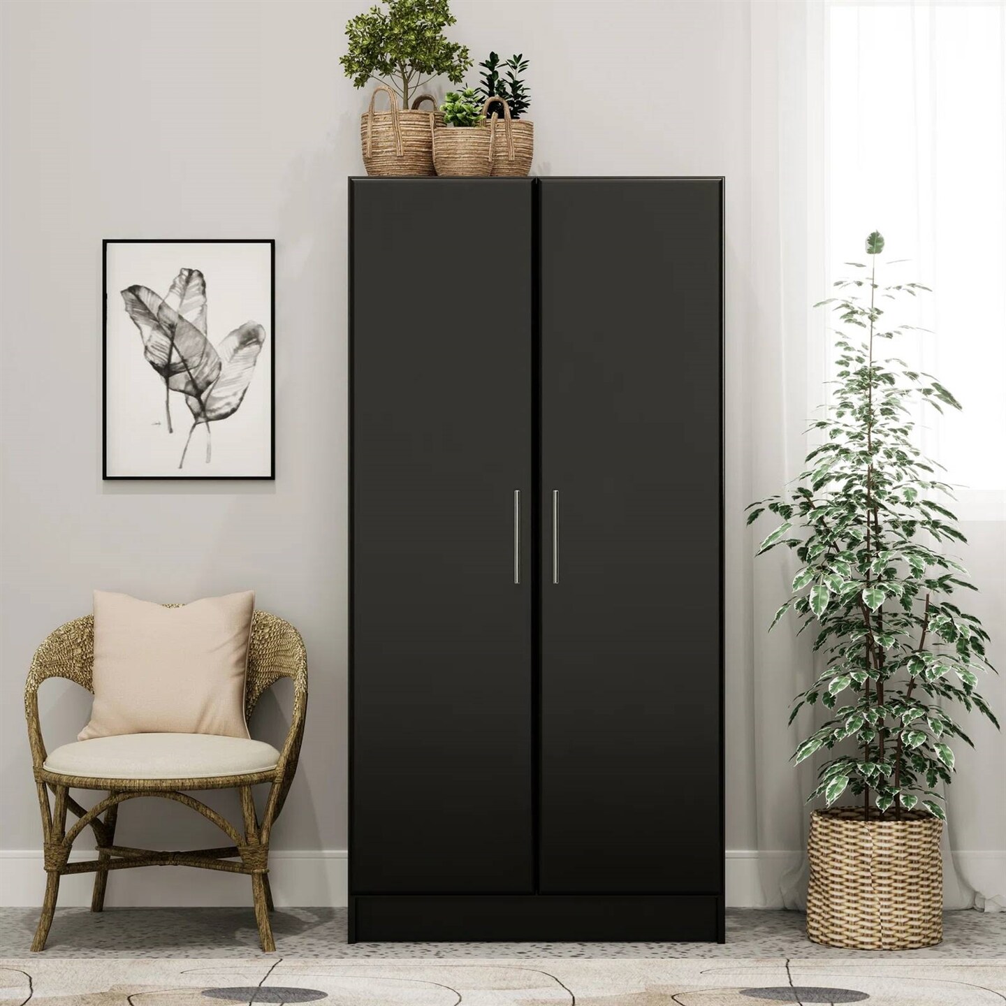 65-Inch Freestanding Tall Cabinet with Clothing Rod and Shelves for Bedroom or Kitchen Storage
