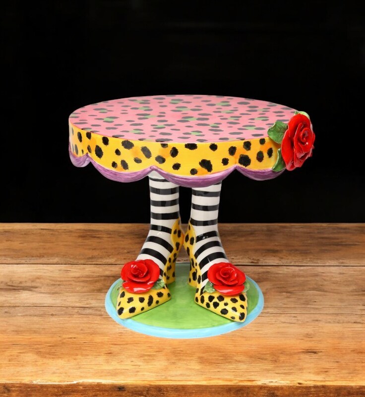 Ceramic Large Cake Stand - Leopard Print Heels with Red Rose Flowers, Kitchen Decor, Cafe Decor, Birthday Party Decor, Wedding Decor
