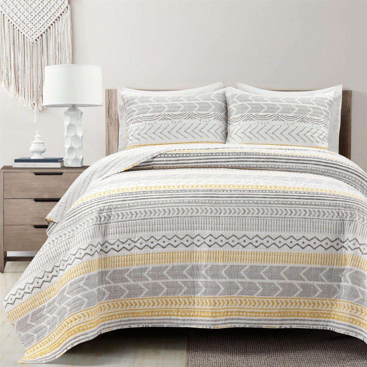 3 Piece Lightweight Cotton Quilt Set Grey White Yellow Reversible Bedding with Pillow Shams