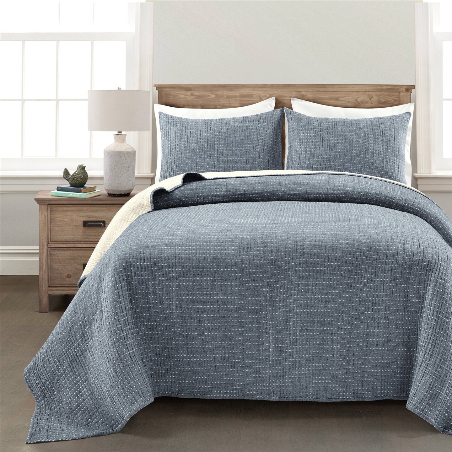 3-Piece Cotton Yarn Dyed Woven Quilt Coverlet Set with Pick Stitch Texture and Reversible Bedding