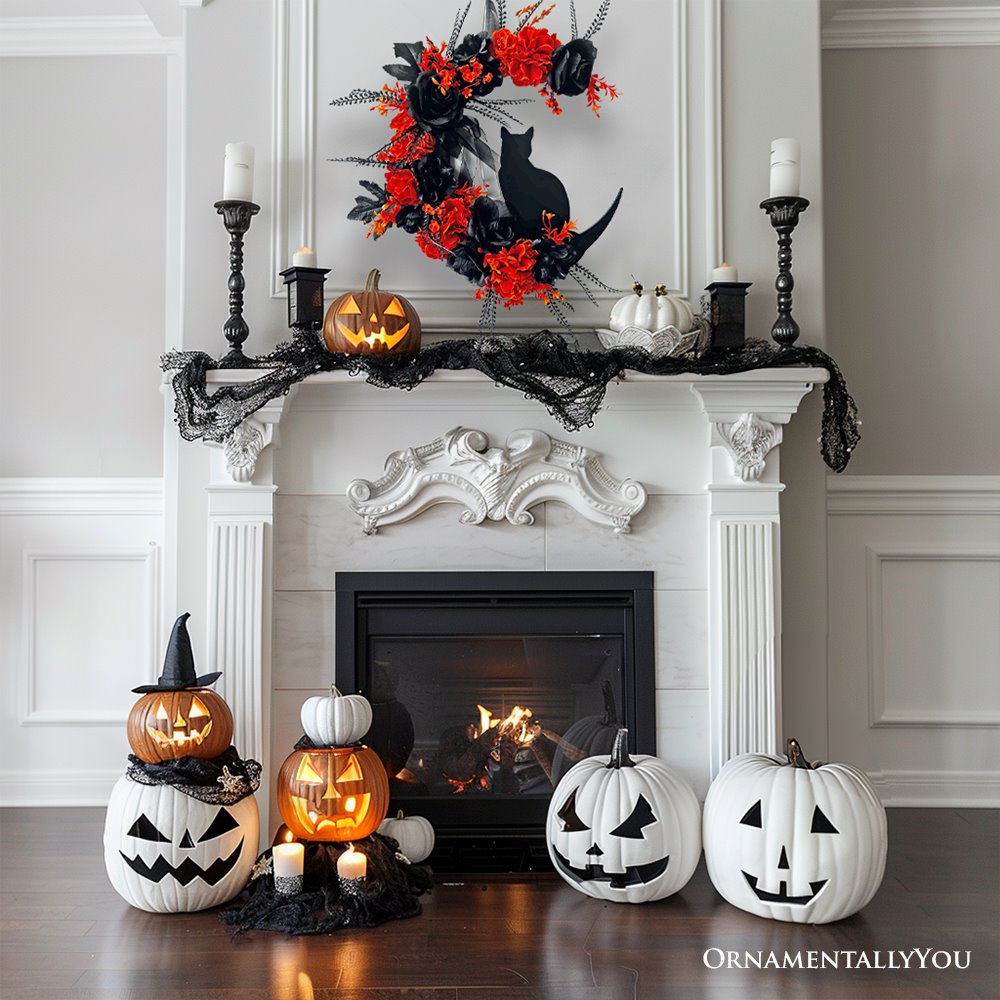 Crescent Moon Floral Black Cat Wreath, 20&#x22; Black and Orange Halloween Door Decoration