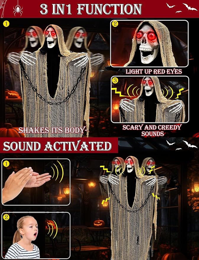 [ Sound Activated ] 65&#x22; Talking Halloween Animatronic Grim Reaper Decorations Outdoor Standing Skeleton with Chain Light Up Eyes Creepy Sound Life Size Halloween Decor Haunted House Prop Yard