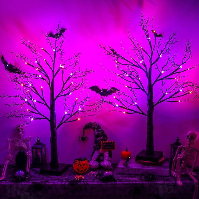 Halloween Black Tree with 24 Orange Purple Lights, Timer/USB/Battery Operated Tabletop Lighted Halloween Spooky Tree for Halloween Table Decor Home Indoor
