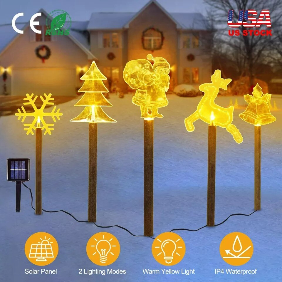 5PCS Solar Christmas Stake Light Reindeer Snowflake Santa Claus Lamp