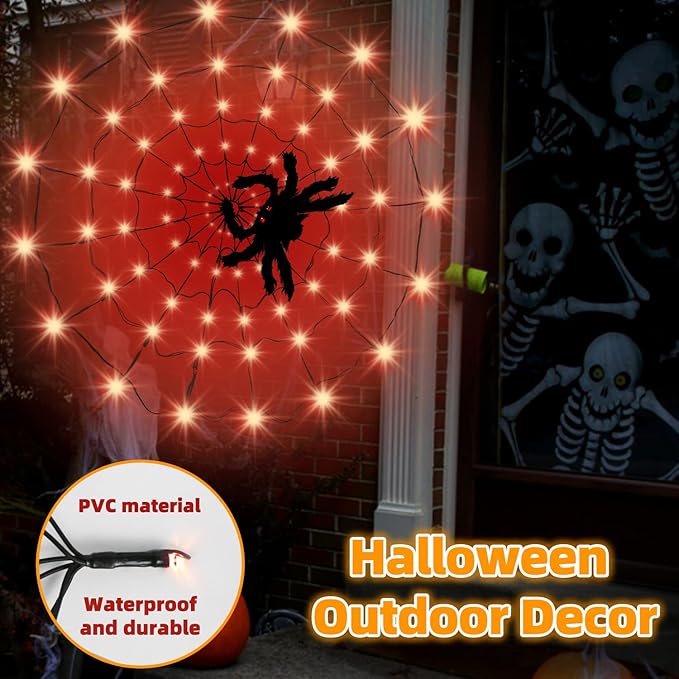 Spider Web Lights Decoration 4 FT Diameter+80 Led+1 Big Black Spider+10 Small Spiders+8 Lighting Modes, Outdoor Indoor Battery Operated Halloween Lights