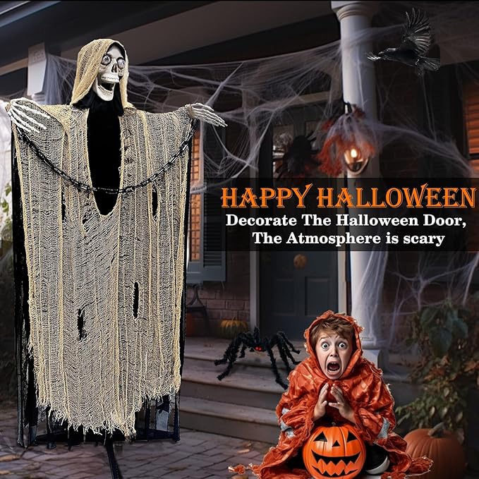 [ Sound Activated ] 65&#x22; Talking Halloween Animatronic Grim Reaper Decorations Outdoor Standing Skeleton with Chain Light Up Eyes Creepy Sound Life Size Halloween Decor Haunted House Prop Yard